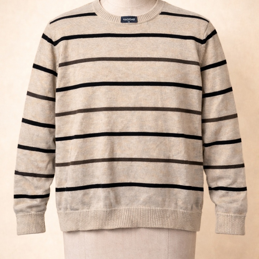 Haggar Striped Crewneck Sweater Tan‎ Beige Medium Classic Casual Office Wear